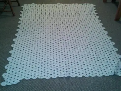 Handmade cotton crochet bedspread/coverlet/wall hanging with flower pattern repeated in white. Pick...