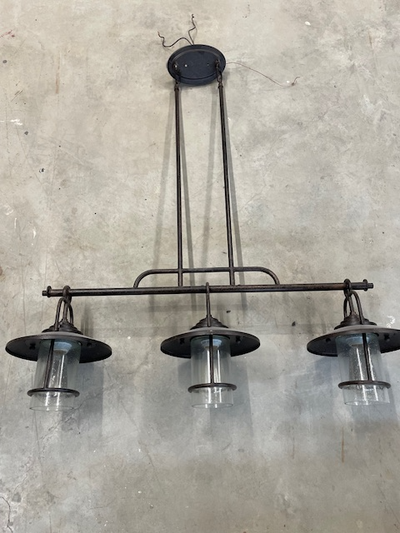 Antique rubbed bronze finish three light electrical pendant fixture. Almost new. Was purchased to ha...