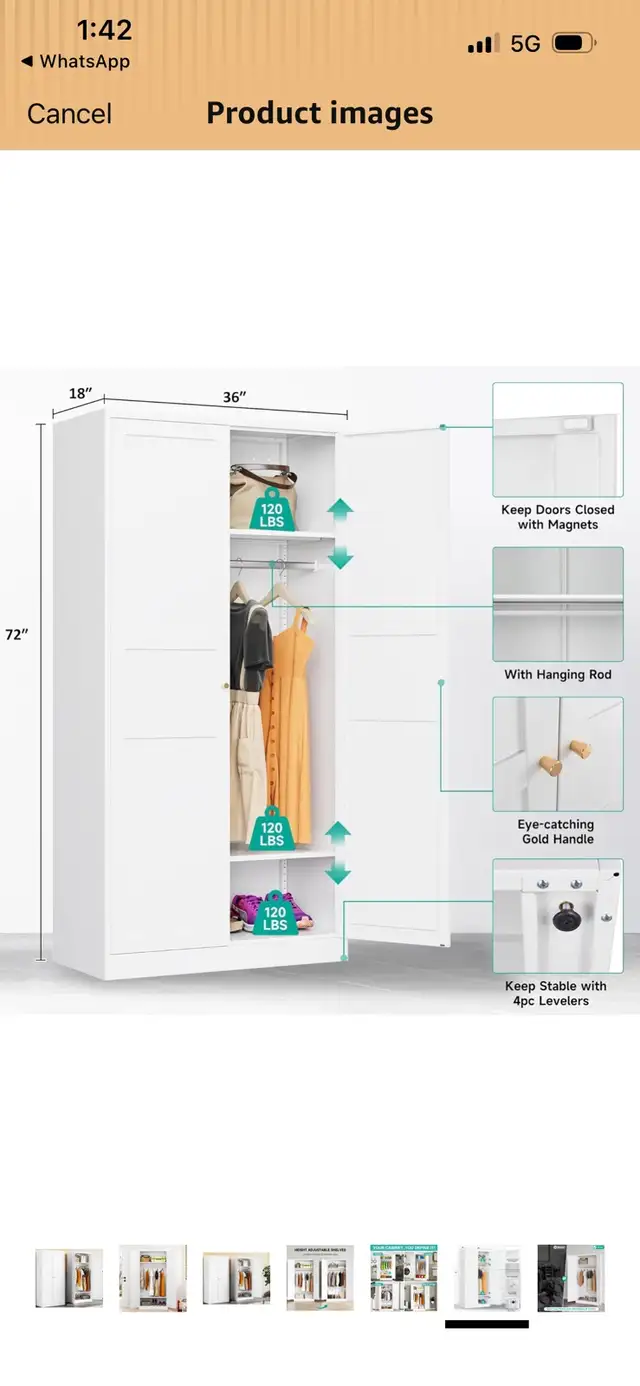 Metal Wardrobe Cabinet with Hanging Rod,White Armoire Wardrobe  in Dressers & Wardrobes in Mississauga / Peel Region - Image 8