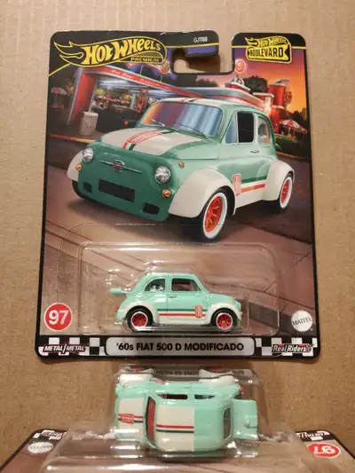 New Hot Wheels Premium Boulevard #97 1960s Fiat 500 D Modificado 1/64 diecast car with Real Riders $...