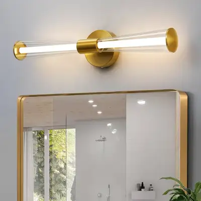 Colour: Gold Material: Aluminum, Acrylic Style: Modern Light fixture form: Vanity Room type: Bathroo...