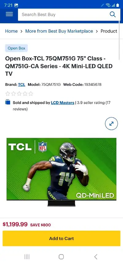 TCL 75QM751G 75" Q Class 4K UHD HDR QD-Mini LED Smart Google TV, View more