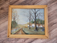 Vintage PAINTING with wooden frame (driveway in rural setting)