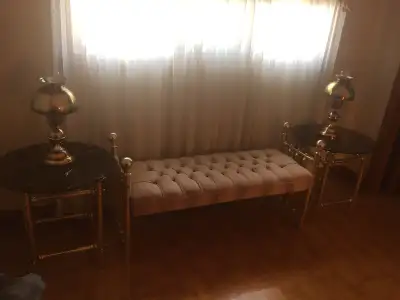 brass side tables with glass top and brass lamps, View more