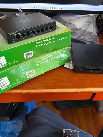 2- 8 port Gigabit switches. 1-Cisco RV 130 VPN Router Data switch. Complete, all accessories NO TEXT...
