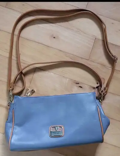 Valentina Italian Leather Crossbody Bag Blue & Tan, View more