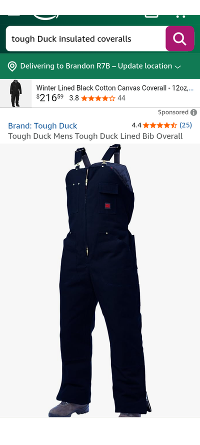 One pair of tough Duck bib coveralls. Like new . Extra large . $75.00 call Jim at 204-727-8383 or te...