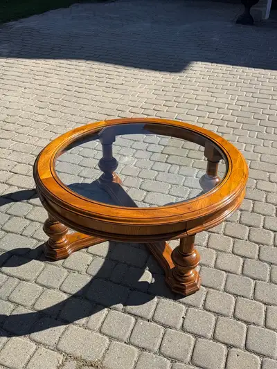 Round Oak Coffee Table 38 in. - Inset Glass Top, Solid Wood, View more