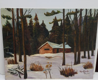 Art Log Cabin Oil Painting Signed