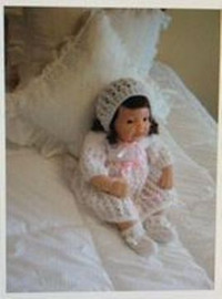 White Crocheted Baby's Dress with Bonnet and Booties