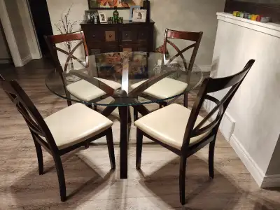 Glass top Dining Table with 4 chairs X-cross base design in dark wood Round 48 inch glass table top...