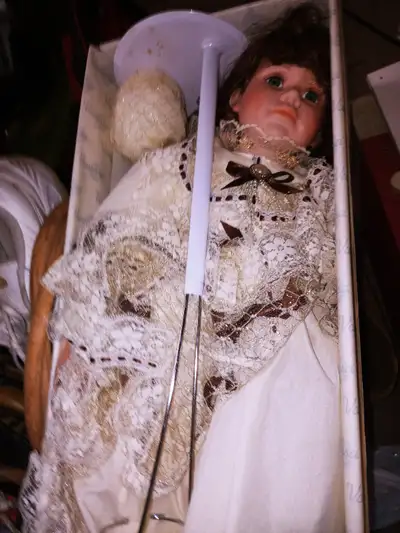 LARGE OLD COLLECTABLE PORCELAIN  DOLL IN THE BOX, View more
