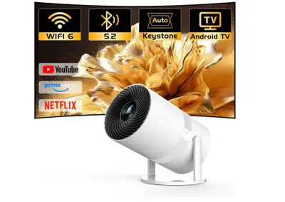 Brand new 4K smart mini projector for sale. Android system, mini projector, remote, stand, Wifi 6 an...