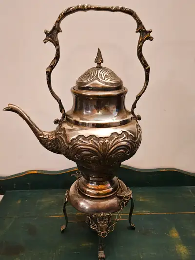 ELEGANT RARE ANTIQUE 19TH CENTURY ENGLISH TILTING FLORAL DESIGN SILVER PLATE SAMOVAR / TEA KETTLE WI...