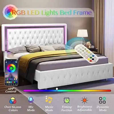 Queen size white velvet with acrylic mirror and LED light, View more