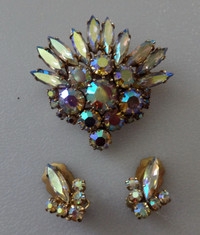 Vintage Brooch & Earrings Set -Aurora Borealis Rhinestones