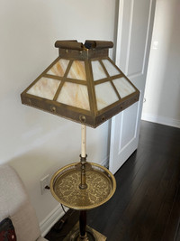 Gorgeous 1920s brass and slag glass lamp 