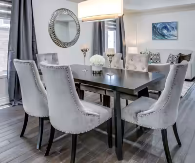 Black dining table. Brand new condition, only used for staging. 71L/35.5W/30H inches. MDF, polyureth...