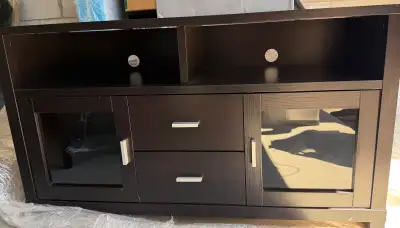 Dark Wood TV Stand with Glass Doors and Drawers, View more