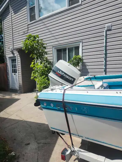 17 ft motor boat trailer and motor starts everytime 70 johnson motor newer trailer great for fishing...