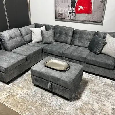 Velvet Grey Sofa Sectional with Cupholder & Storage Ottoman, View more