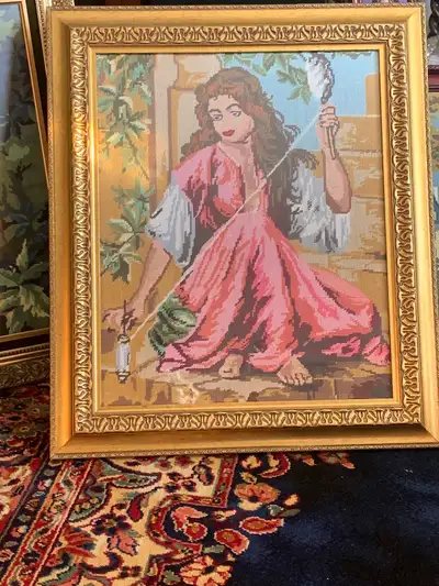 Lovely vintage framed needlepoint of a young lady, View more