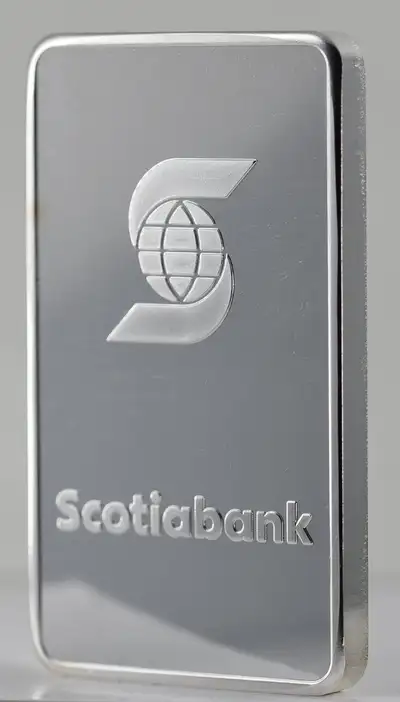 One all original Solid Silver Scotia Bank 10 oz bar. NEW Condition. Great Investment