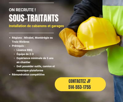 Sous-traitants recherchés - Installation cabanons/garages, View more
