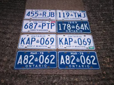 Eight Vintage Ontario License Plates, 2 Pairs +, View more