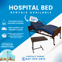 FOR RENT: Hospital Beds, Therapeutic Mattresses, Overbed table