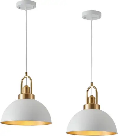 Farmhouse 11.81" White Pendant Light with Gold Finish, View more