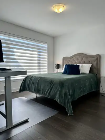 Queen bed - mattress, box spring, metal frame. Mattress has a cover you can remove and wash. Velvet...