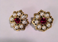 Vintage Earrings, faux pearls & red stone, clip on back