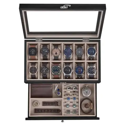 ⌚ SONGMICS 12-Slot Wooden Watch & Jewelry Box – Ebony Black Description: Showcase and protect your c...
