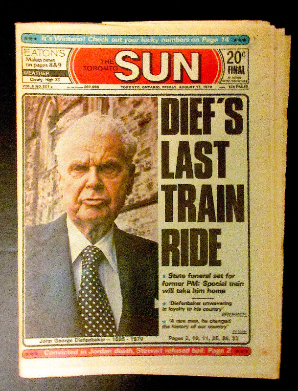 Toronto Sun Newspaper Aug 17, 1979- PM John Diefenbaker's Death in Arts & Collectibles in Stratford