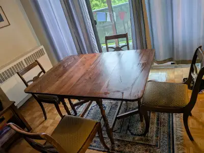 Vintage Wood Drop-Leaf Dining Table + 4 Chairs — Walnut, Regency, View more