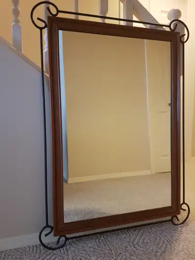 Large Solid Wood Framed Mirror with Wrought Iron Trim, View more