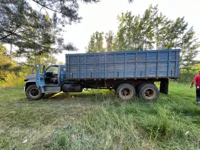 1974 Chev Tandem Tag Axle Grain Truck. 366 engine and 5 speed transmission. Good 20ft wood box and h...
