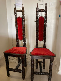 Vintage Spanish Jacobean Hall Prayer Chairs Red Renaissance Pair