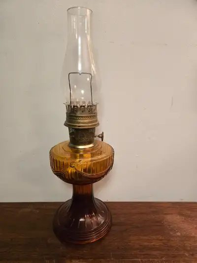 Antique Amber Glass Oil Lamp Lincoln Drape Pattern, View more