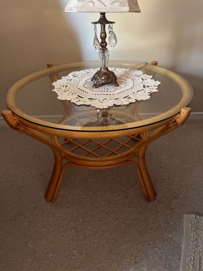 Wicker round table with glass top, View more