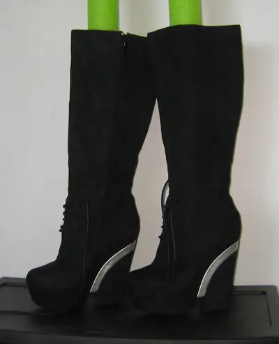 Black Wedge Leather Boots, View more