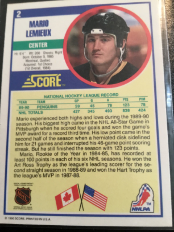2. Carte de hockey Score,Pro Set 1989-90 signer Mario Lemieux dans Art et objets de collection  à Ville de Québec - Image 2