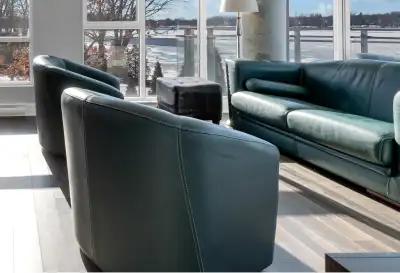 Bel ensemble canapé deux places et 2 fauteuils verts en cuir pleine fleur. Top qualité