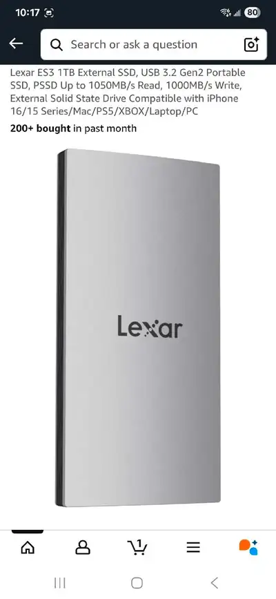 New Lexar ES3 1TB External SSD, USB 3.2 Gen2 Portable SSD, PSSD Up to 1050MB/s Read, 1000MB/s Write,...