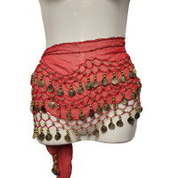 Red Belly Dance Skirt Scarf Dancing Hip Sash with Gold Coin