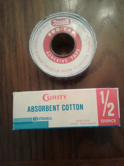 REXALL ADHESIVE TAPE. PRO-CAR ADHESIVE TAPE . 10 YARDS. METAL CONTAINER. AND. NEW CURITY ABSORBANT C...