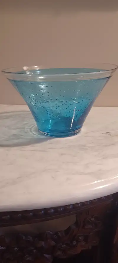 Very Nice Hand-blown Turquoise Bowl w/Bubble Glass Bowl, View more
