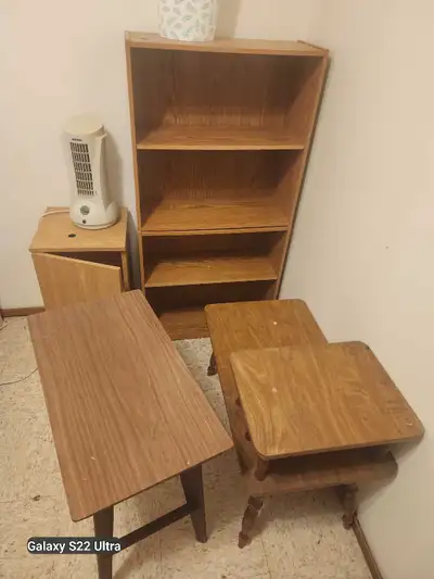 2 Boolshelves stacked. Side Table, Coffee Table , Bed frame & Matresses. Bed side cabinet on wheels...