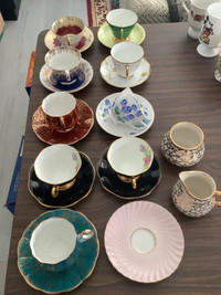 Asstd. tea cups and saucers, cream,sugar, devilled egg platter.